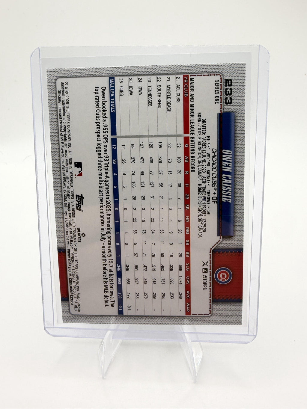 2026 Topps Series 1 Owen Caissie Rookie RC Card #233 Cubs Silver Foilboard