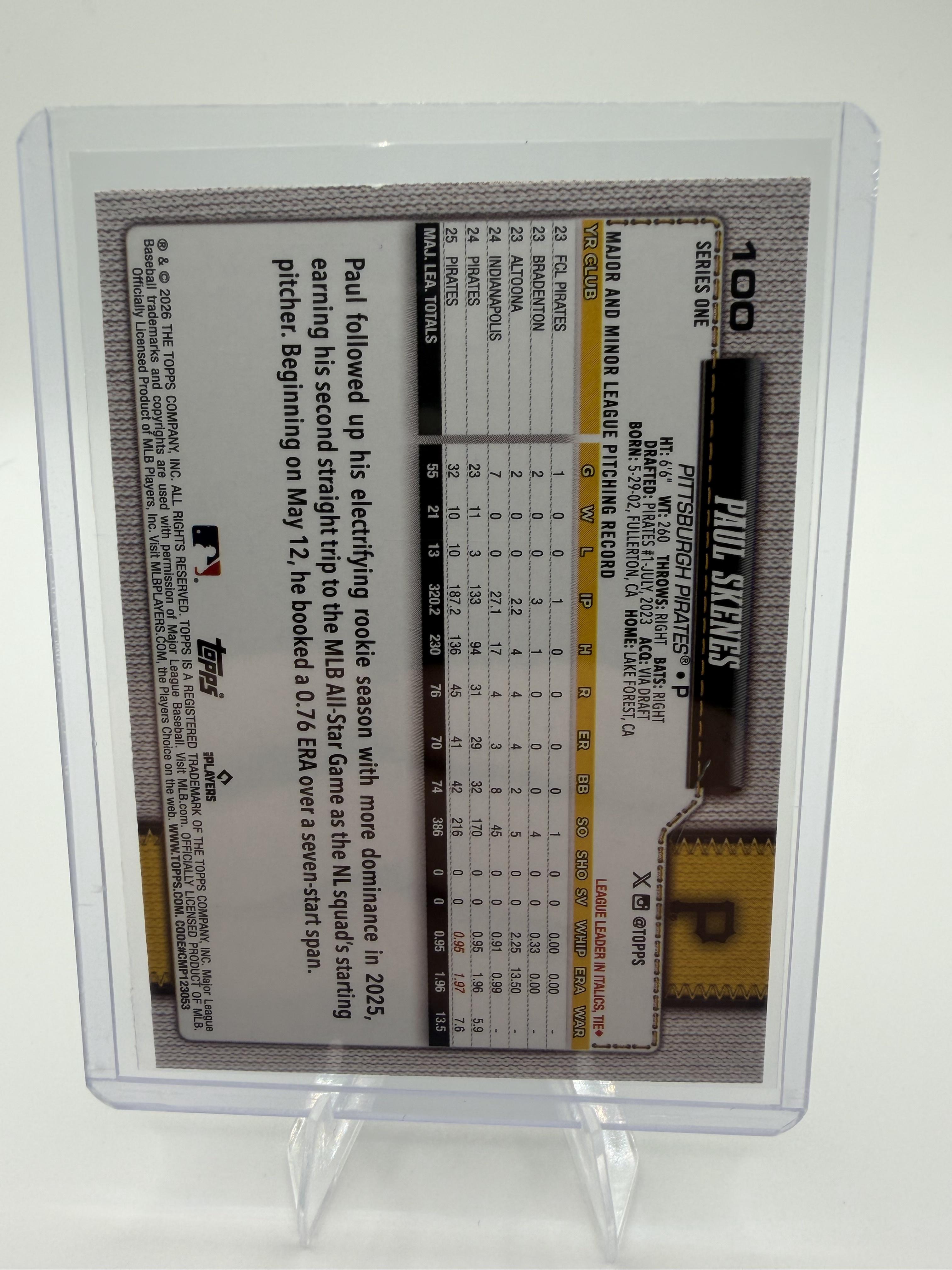 2026 Topps Series 1 Paul Skenes Card #100 Pirates Silver Foilboard Prizm