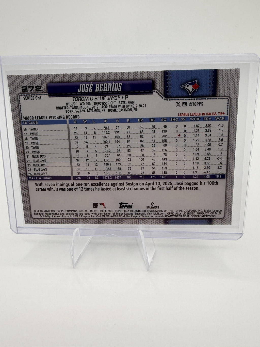 2026 Topps Series 1 Jose Berrios Card #272 Sandglitter Parallel Blue Jays