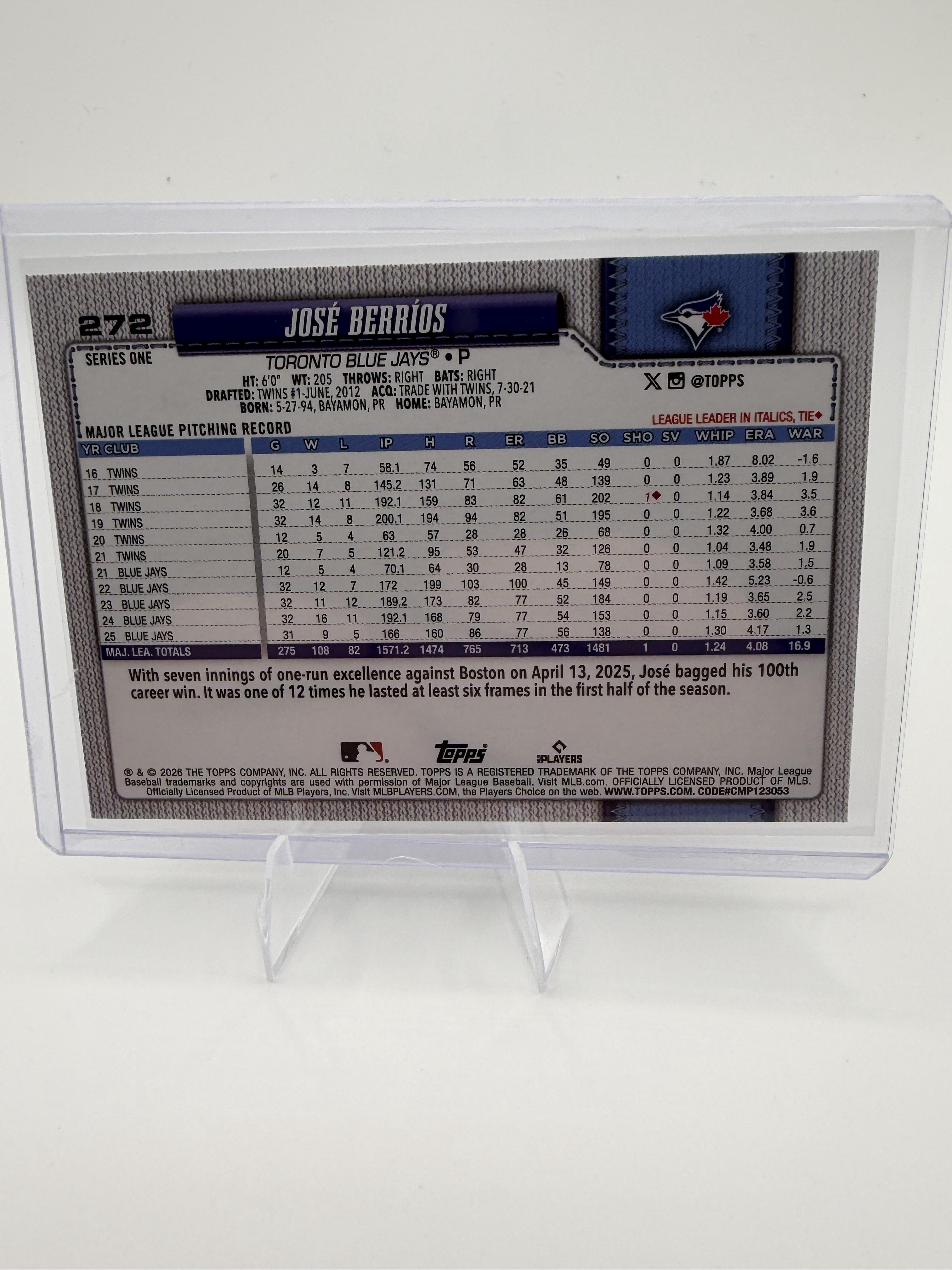2026 Topps Series 1 Jose Berrios Card #272 Sandglitter Parallel Blue Jays