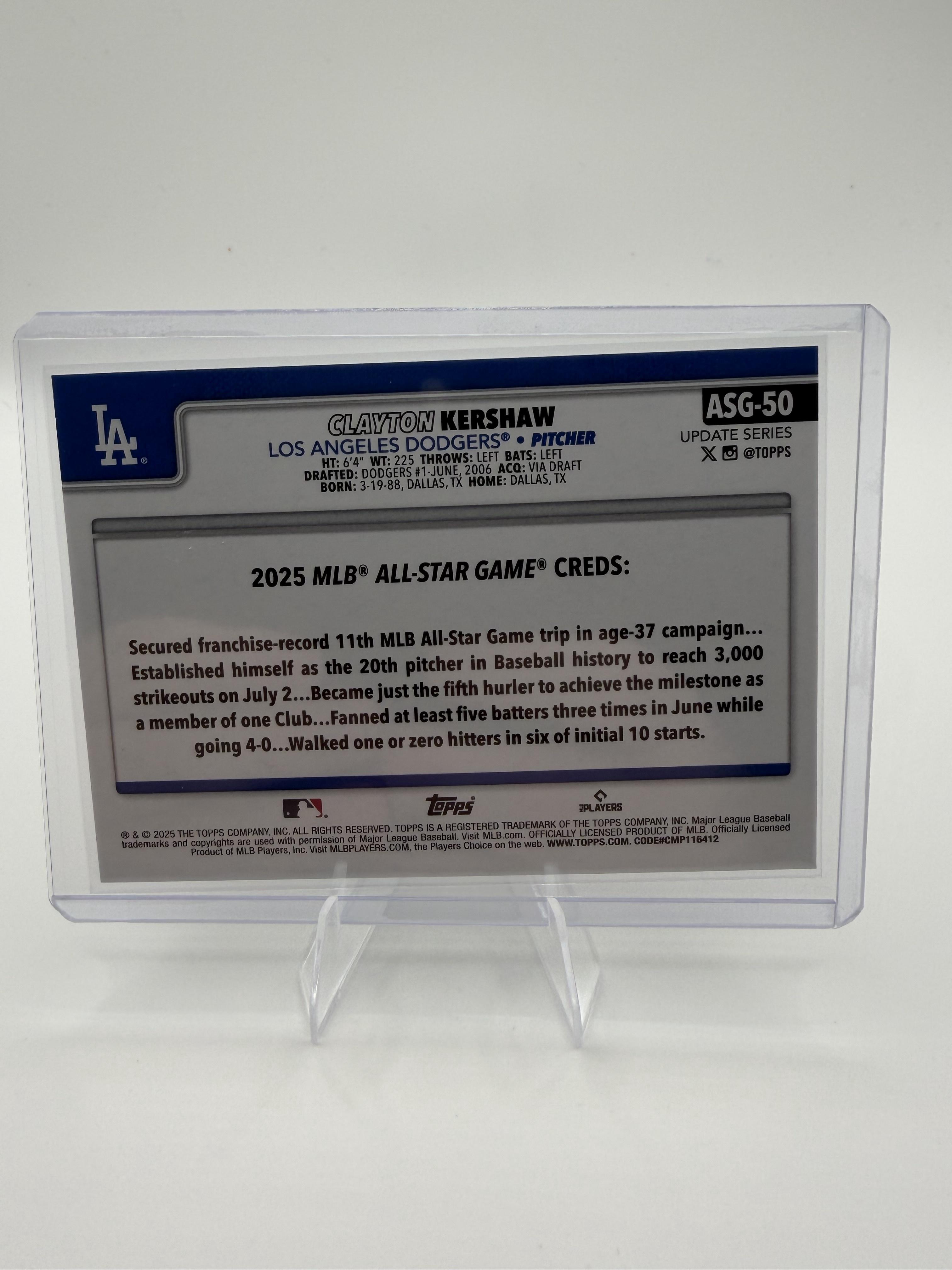 2025 Topps Update Clayton Kershaw All-Star Game Card #ASG-50 Rainbow Foil