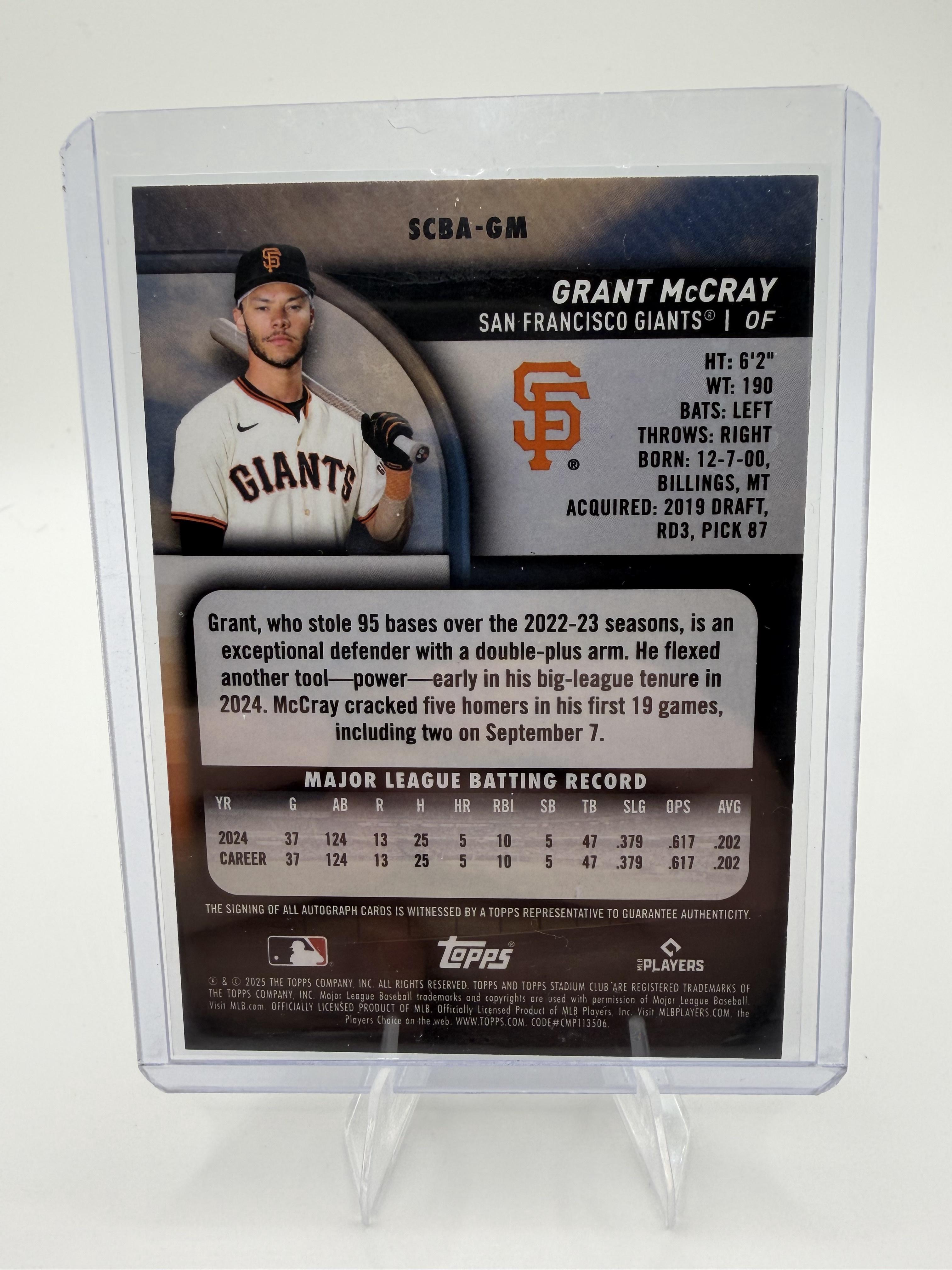 2025 Stadium Club Grant McCray Auto #SCBA-GM Giants Yellow Rookie Autograph