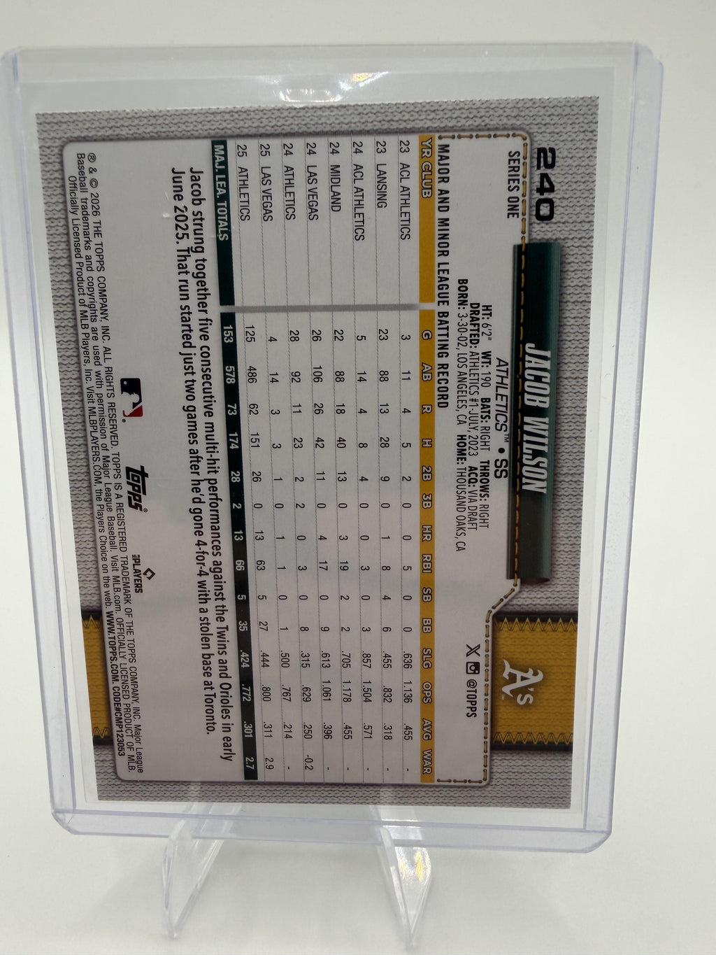 2026 Topps Jacob Wilson All-Star Rookie #240 Oakland A's Baseball Card RC
