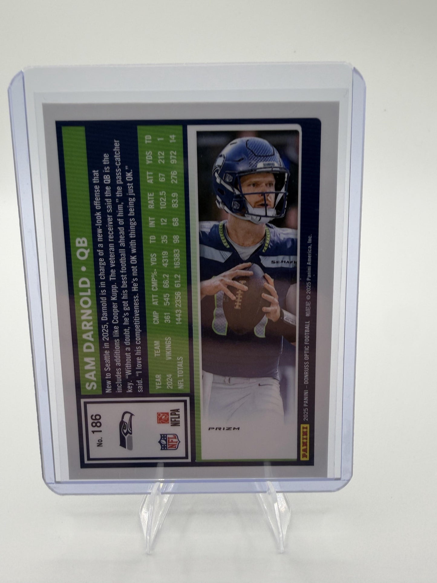 2025 Donruss Optic Sam Darnold Silver Prizm Holo Card #186 Seahawks QB