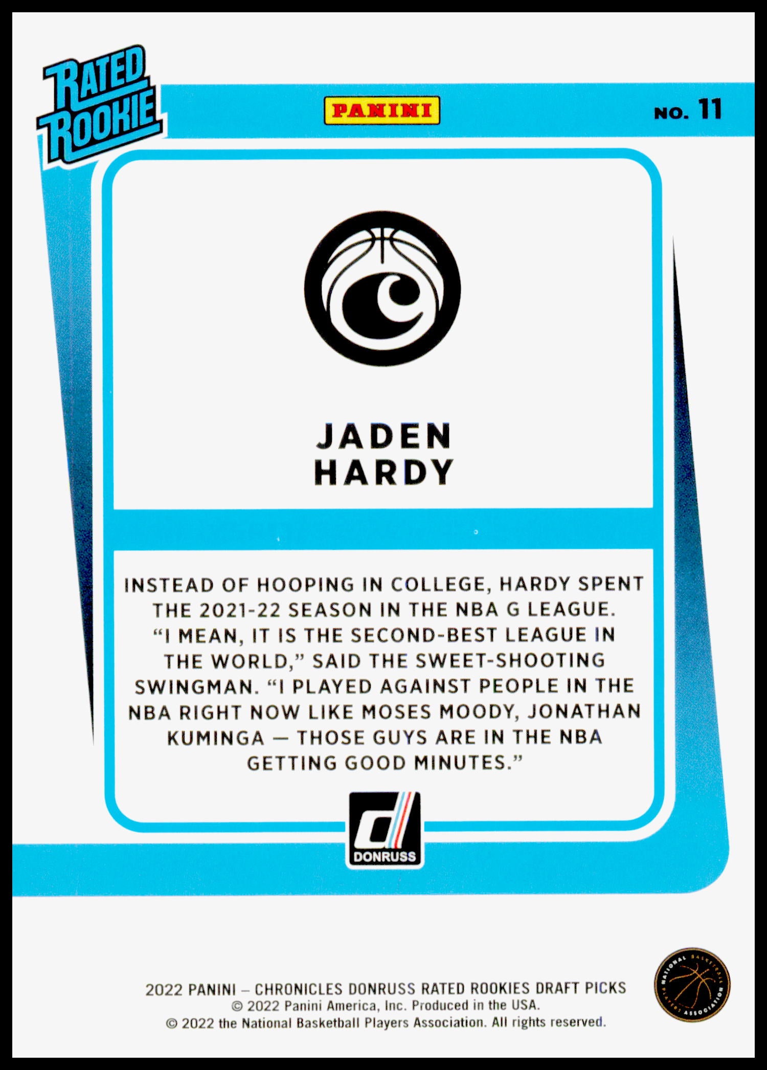 2022 Panini Chronicles Draft Picks Jaden Hardy Card Donruss Rated Rookies