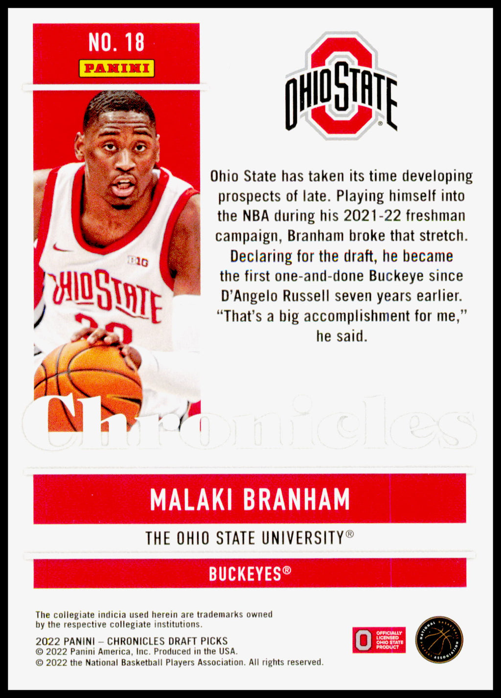 2022 Panini Chronicles Draft Picks Malaki Branham Card