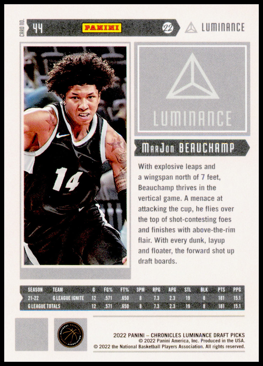 2022 Panini Chronicles Draft Picks MarJon Beauchamp Card Luminance