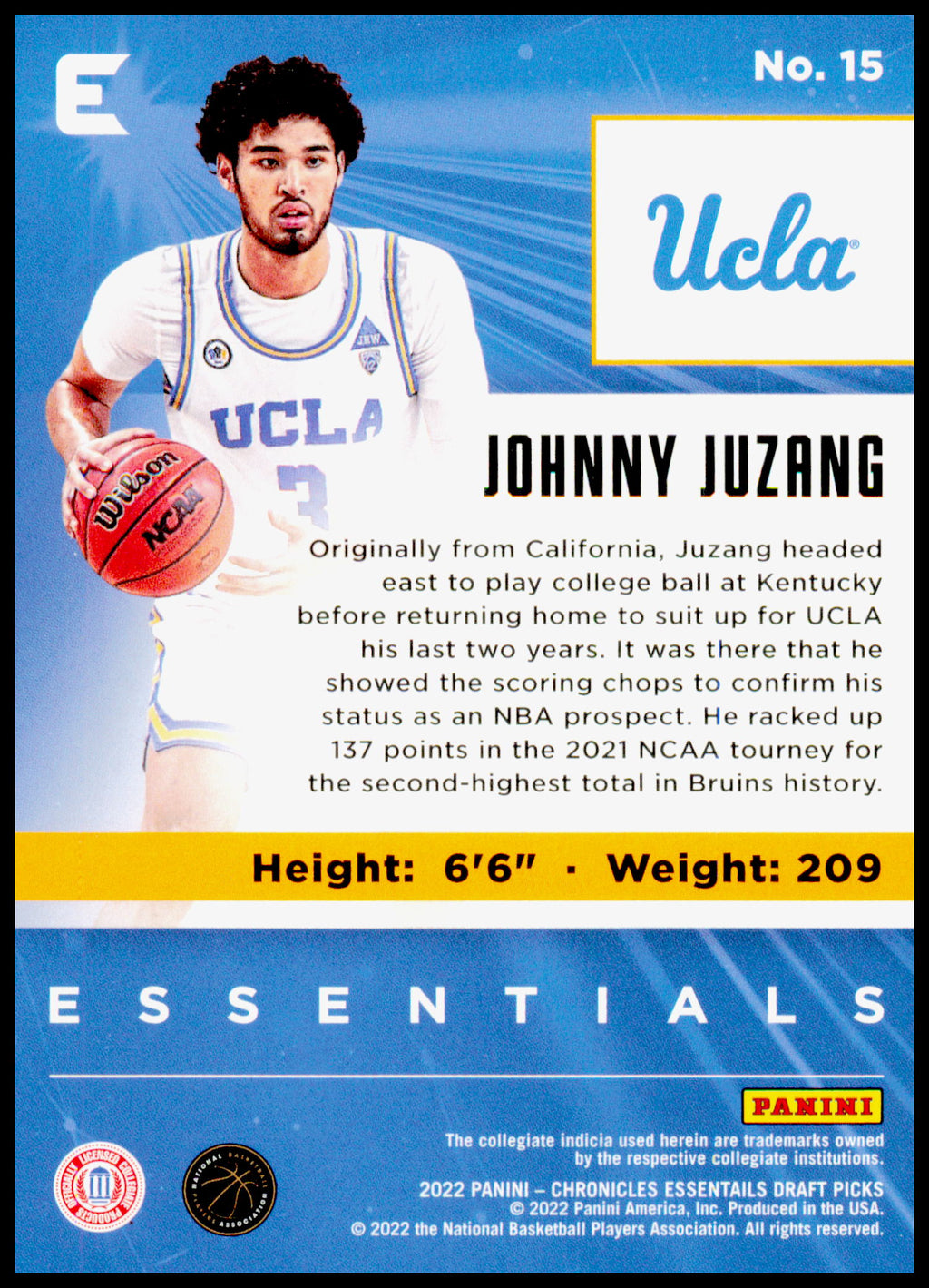 2022 Panini Chronicles Draft Picks Johnny Juzang Card Essentials
