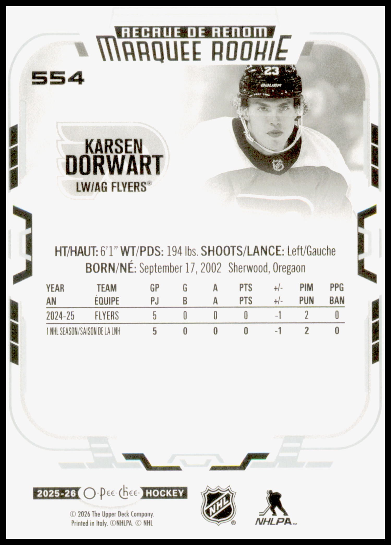 2025-26 O-Pee-Chee Karsen Dorwart Card RC RC
