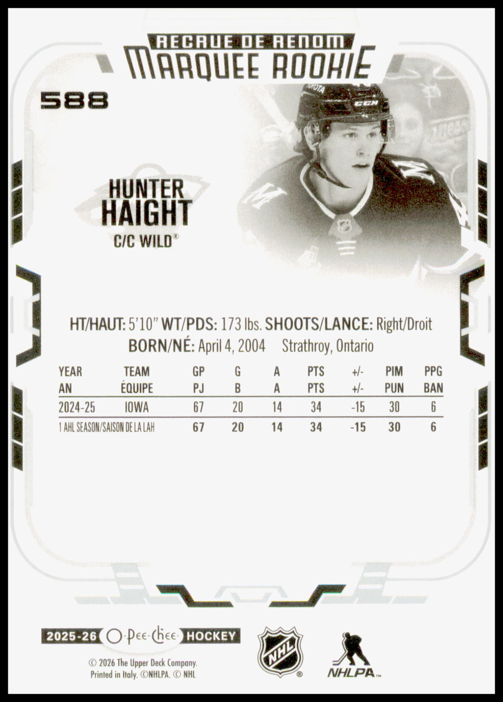 2025-26 O-Pee-Chee Hunter Haight Card Marquee Rookie