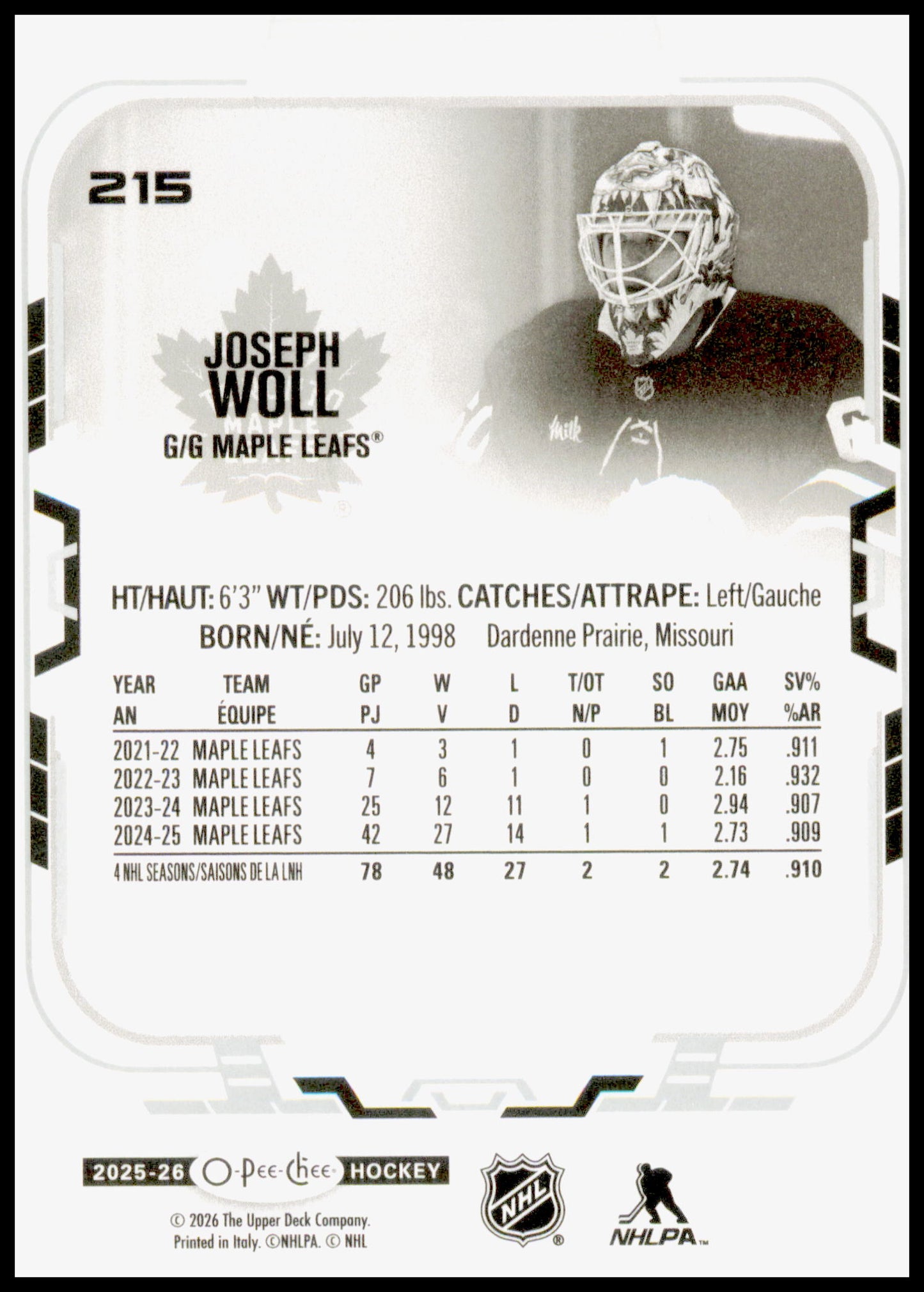 2025-26 O-Pee-Chee Joseph Woll Card