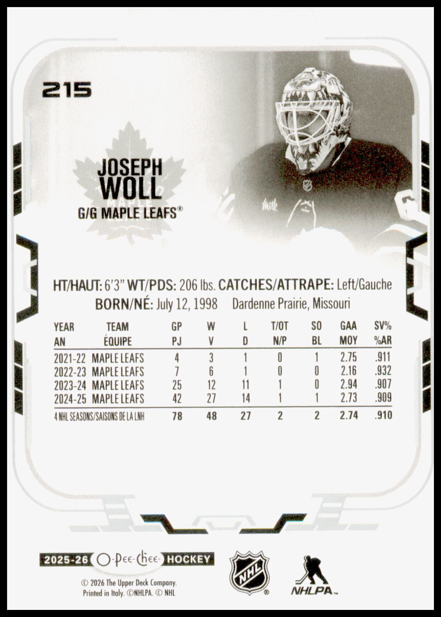 2025-26 O-Pee-Chee Joseph Woll Card