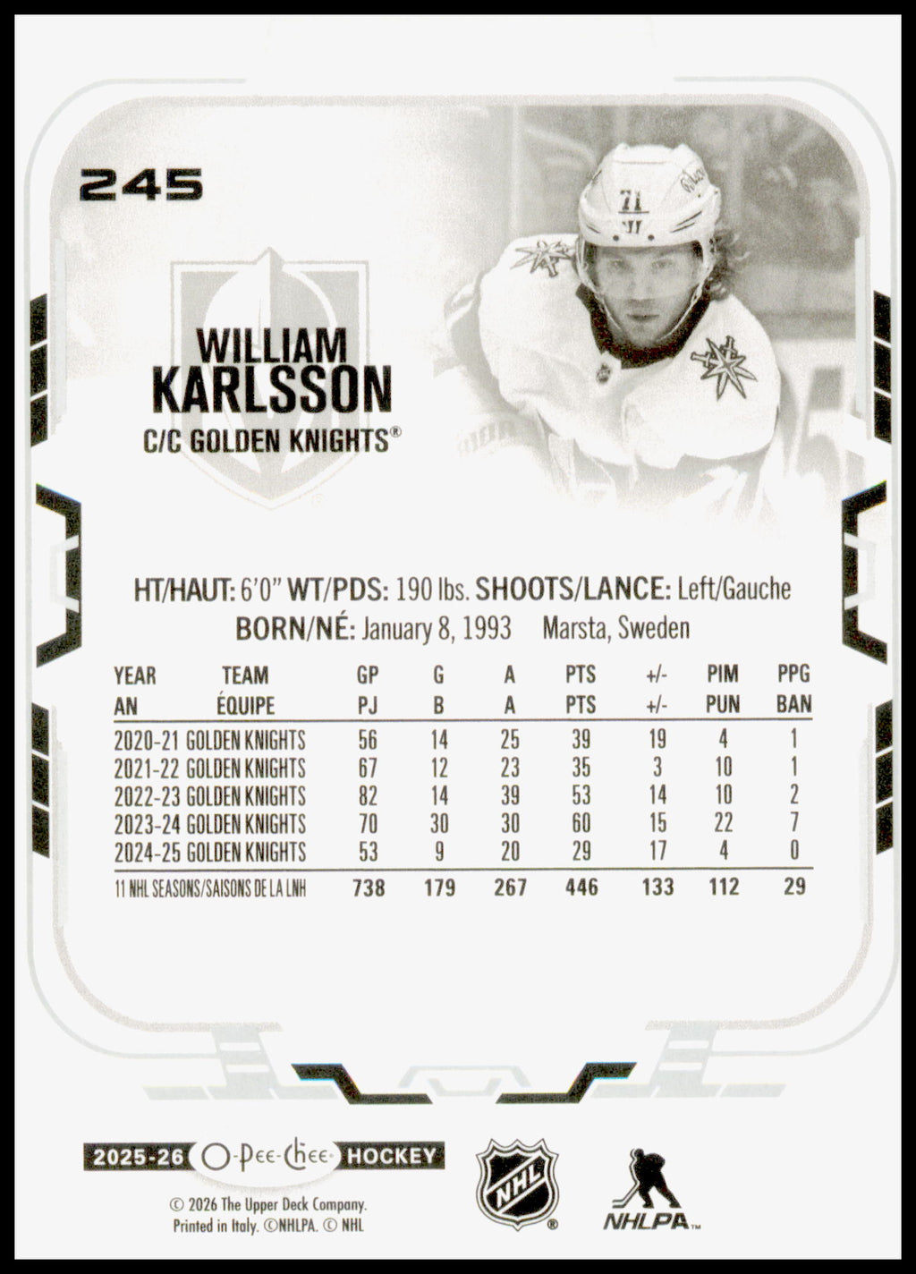 2025-26 O-Pee-Chee William Karlsson Card