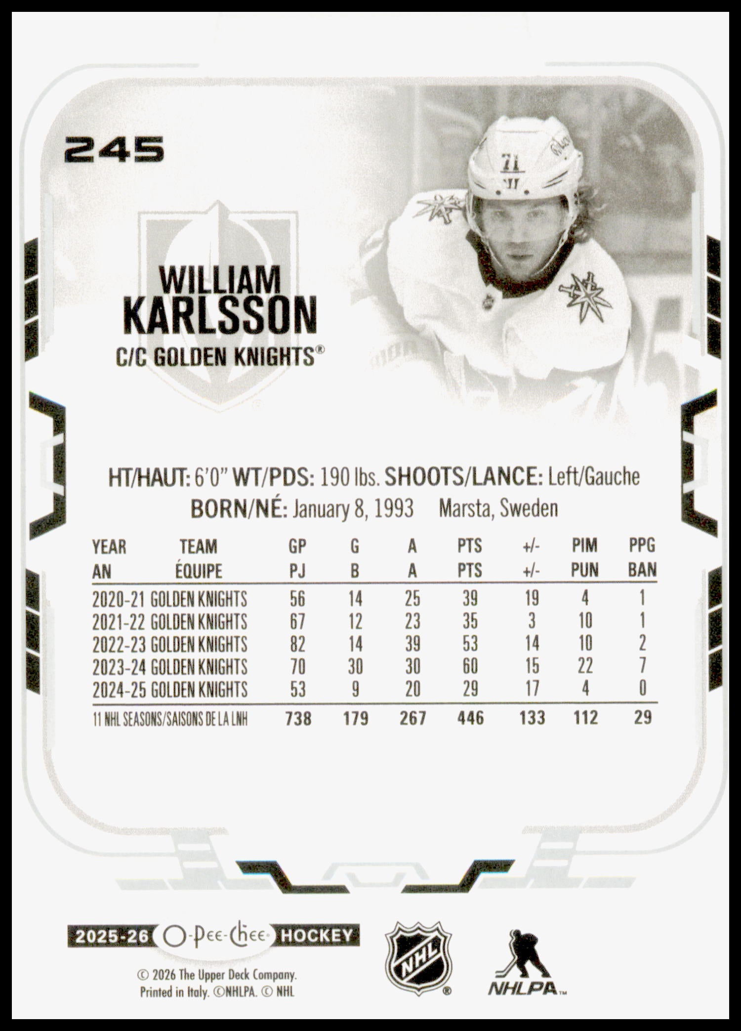 2025-26 O-Pee-Chee William Karlsson Card