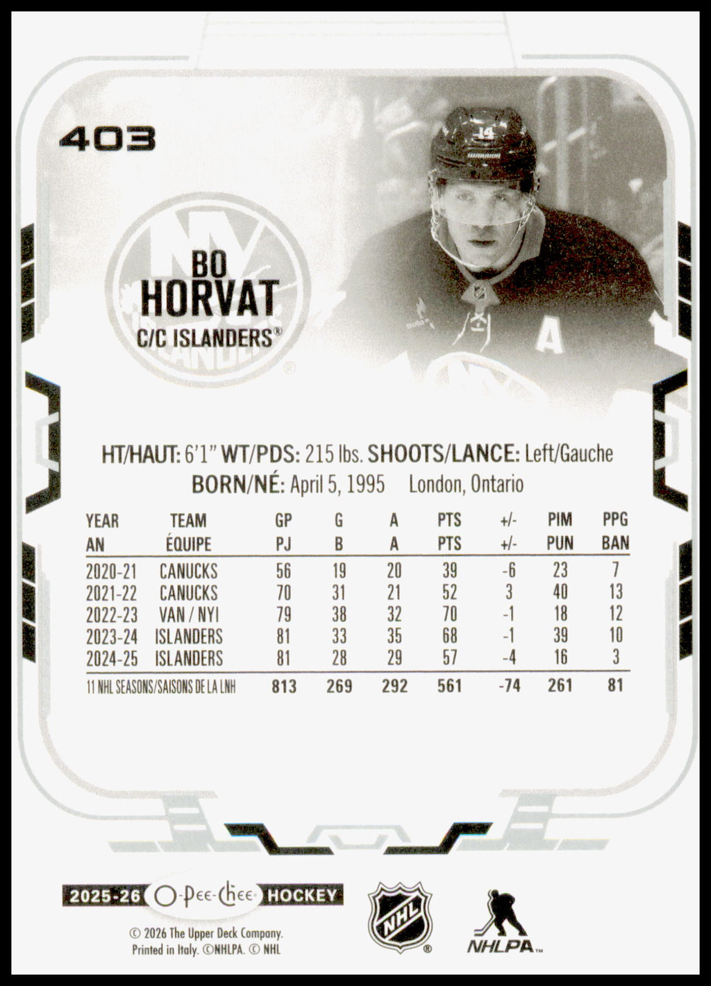 2025-26 O-Pee-Chee Bo Horvat Card