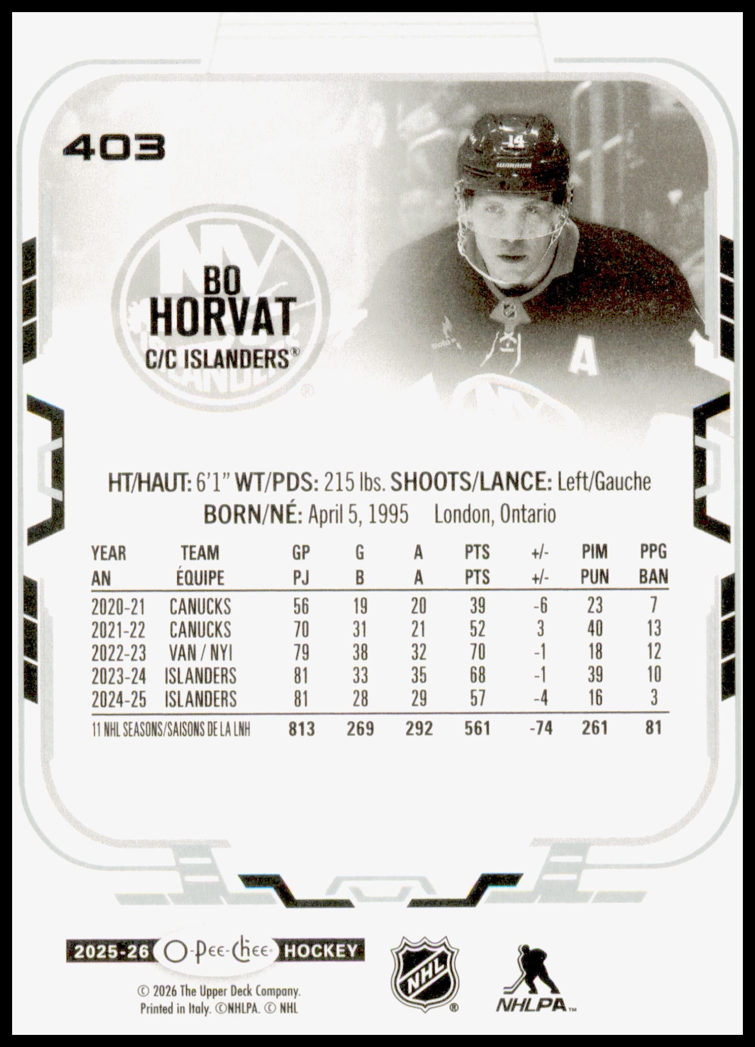 2025-26 O-Pee-Chee Bo Horvat Card