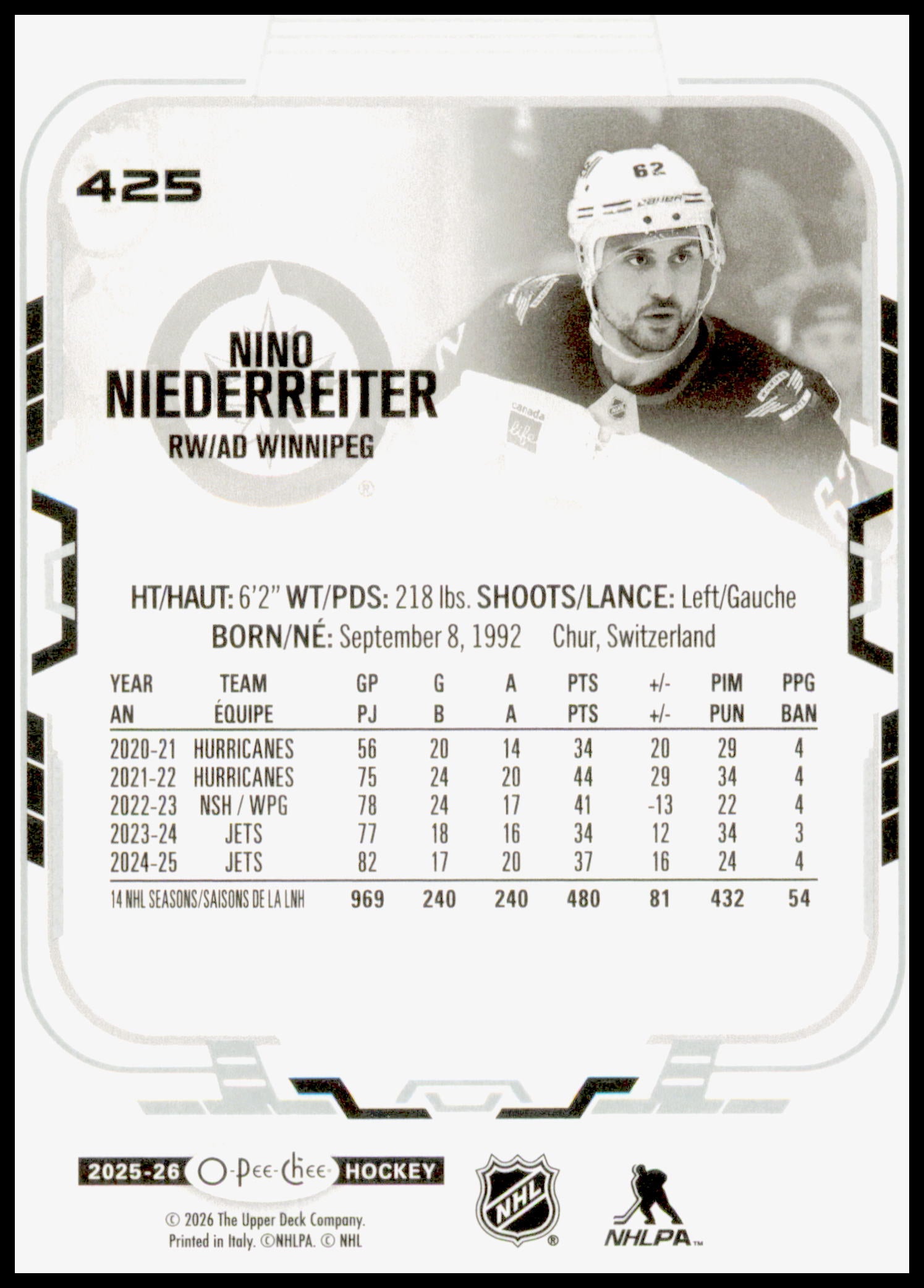 2025-26 O-Pee-Chee Nino Niederreiter Card