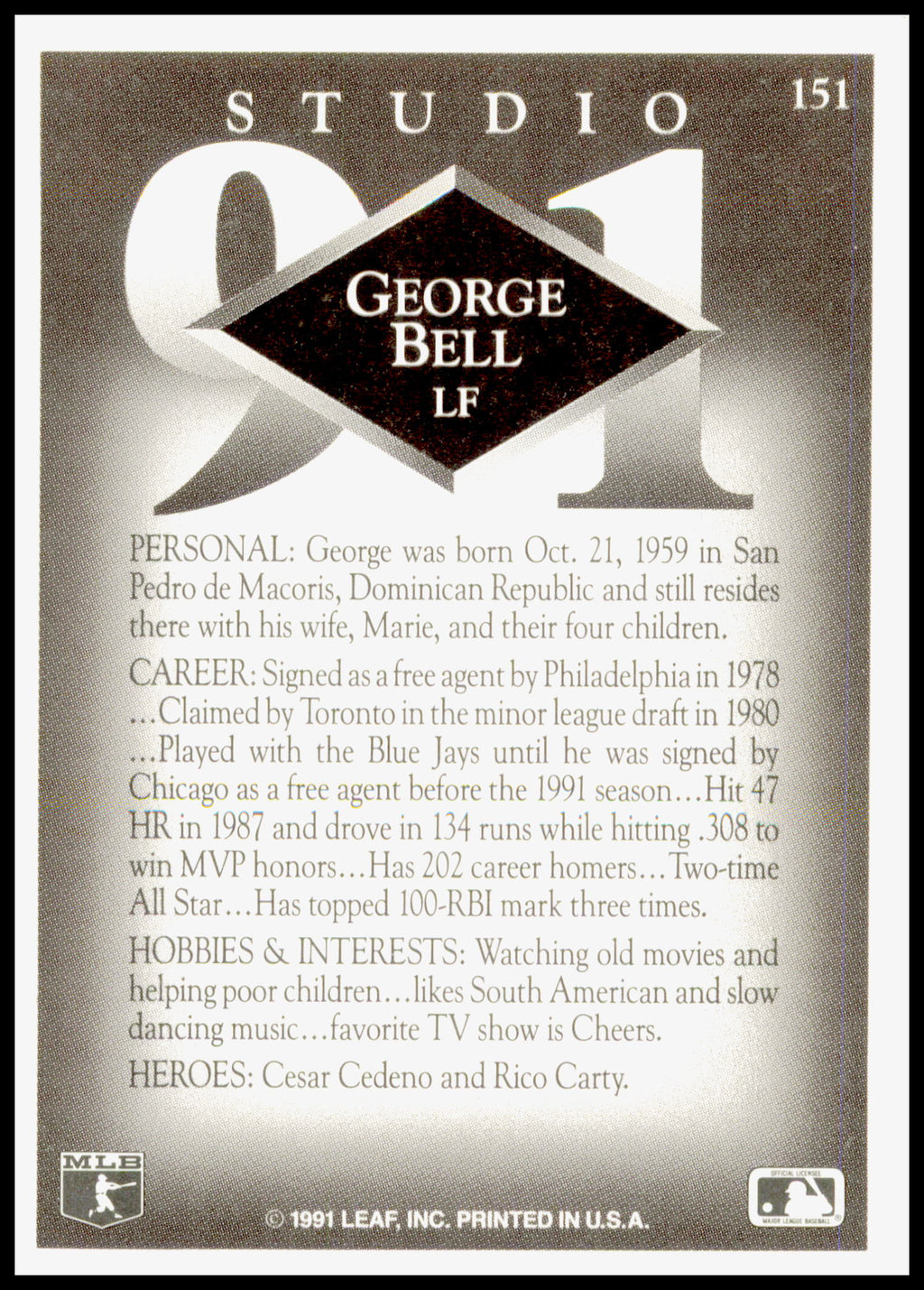1991 Leaf Studio George Bell Card Cubs #151
