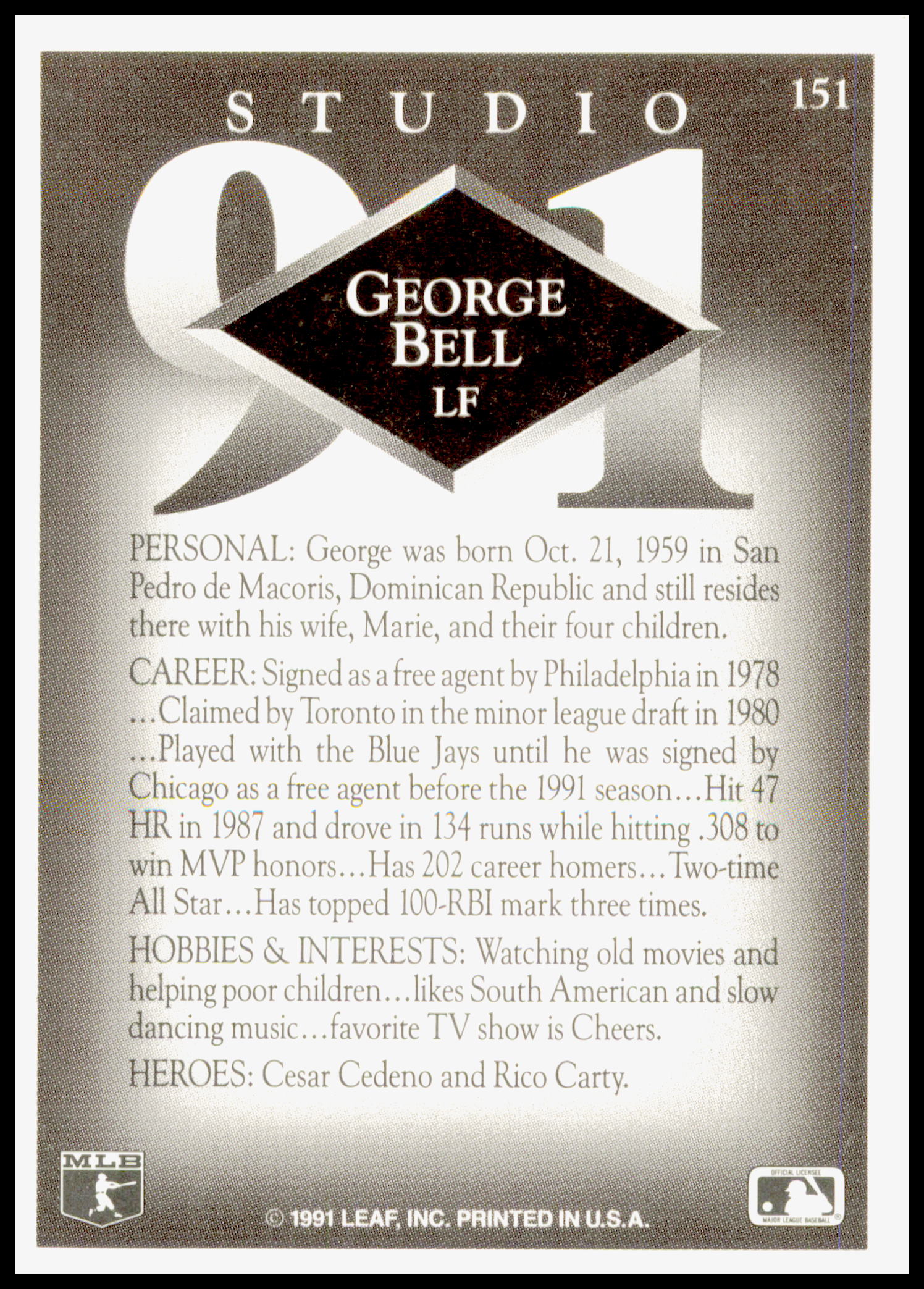 1991 Leaf Studio George Bell Card Cubs #151