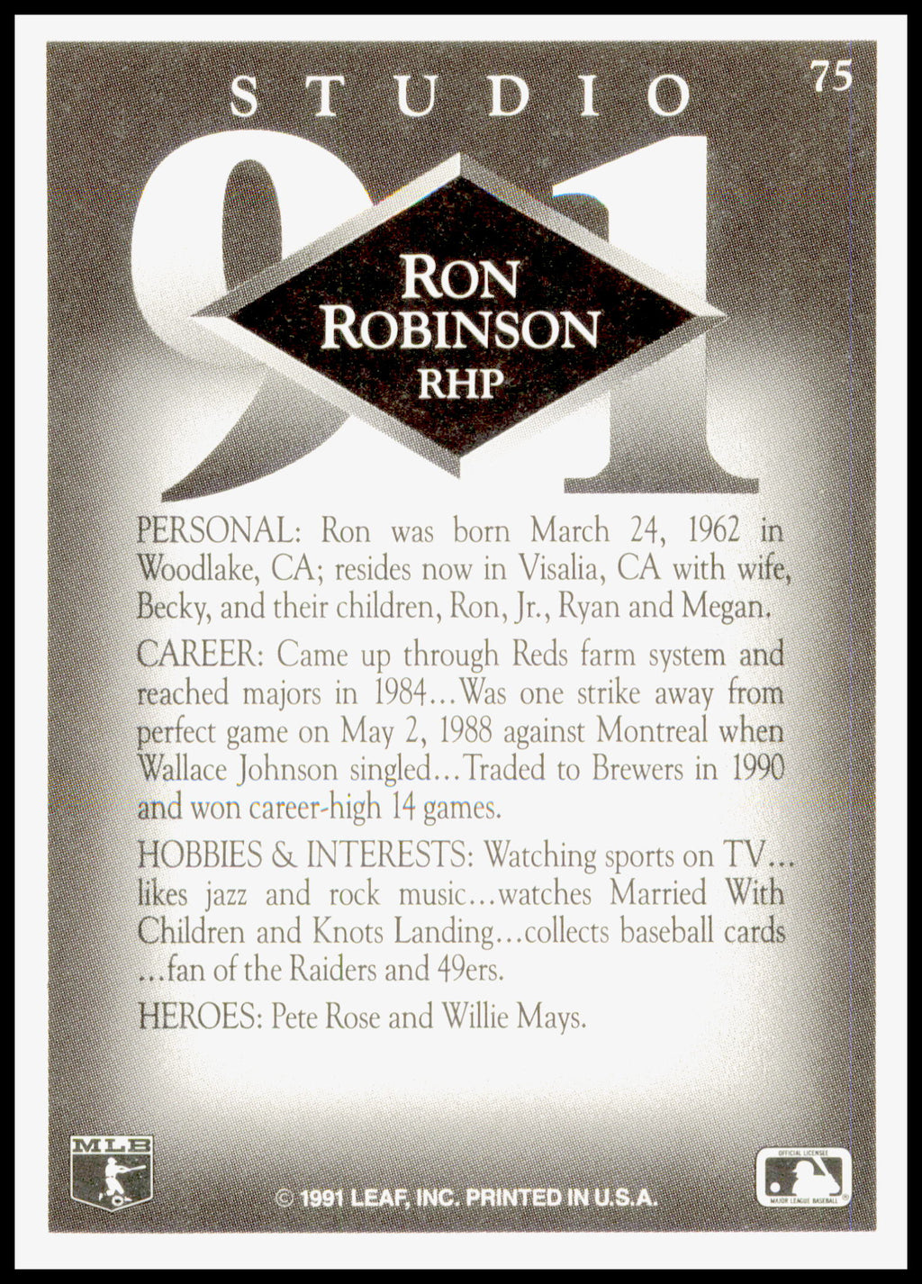 1991 Leaf Studio Ron Robinson Card - Top has wear