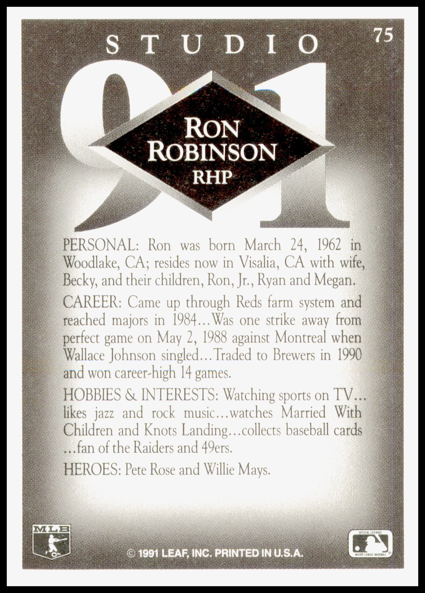 1991 Leaf Studio Ron Robinson Card - Top has wear