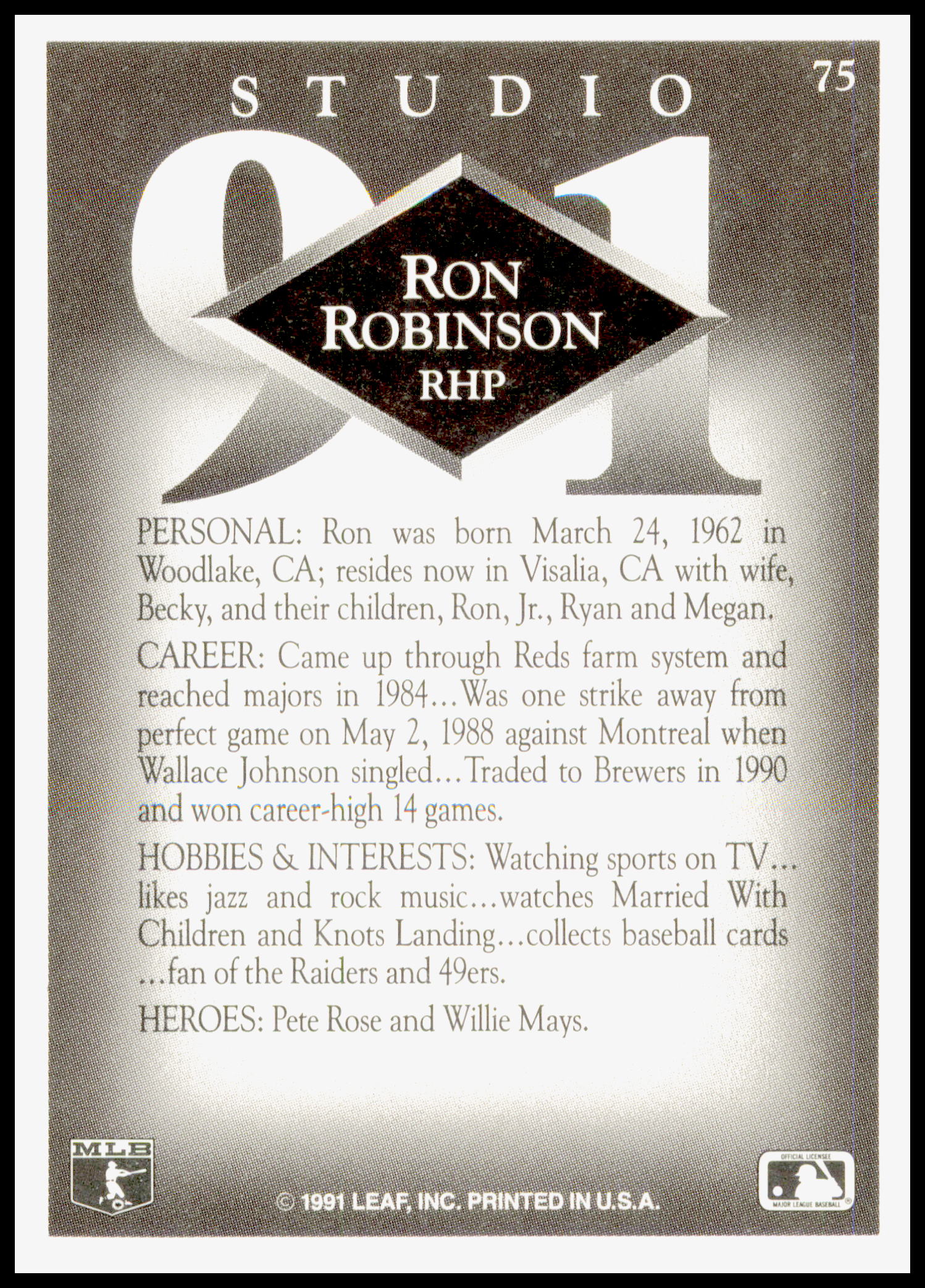 1991 Leaf Studio Ron Robinson Card - Top has wear