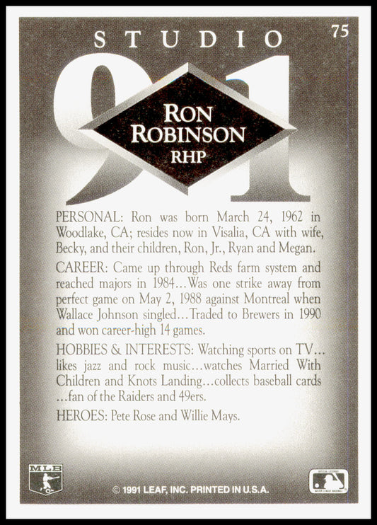1991 Leaf Studio Ron Robinson Card - Top has wear