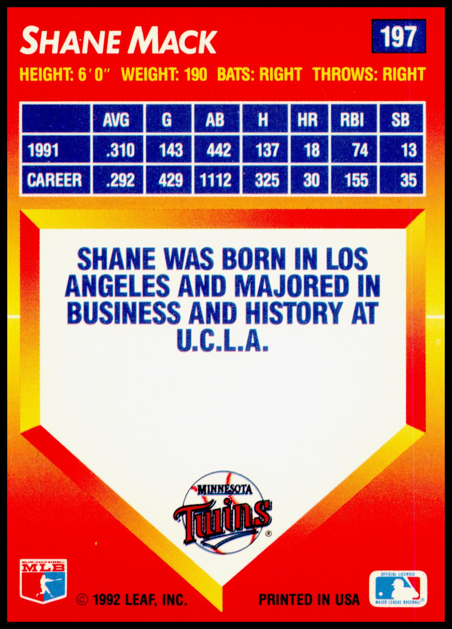 1992 Triple Play Shane Mack Card Twins