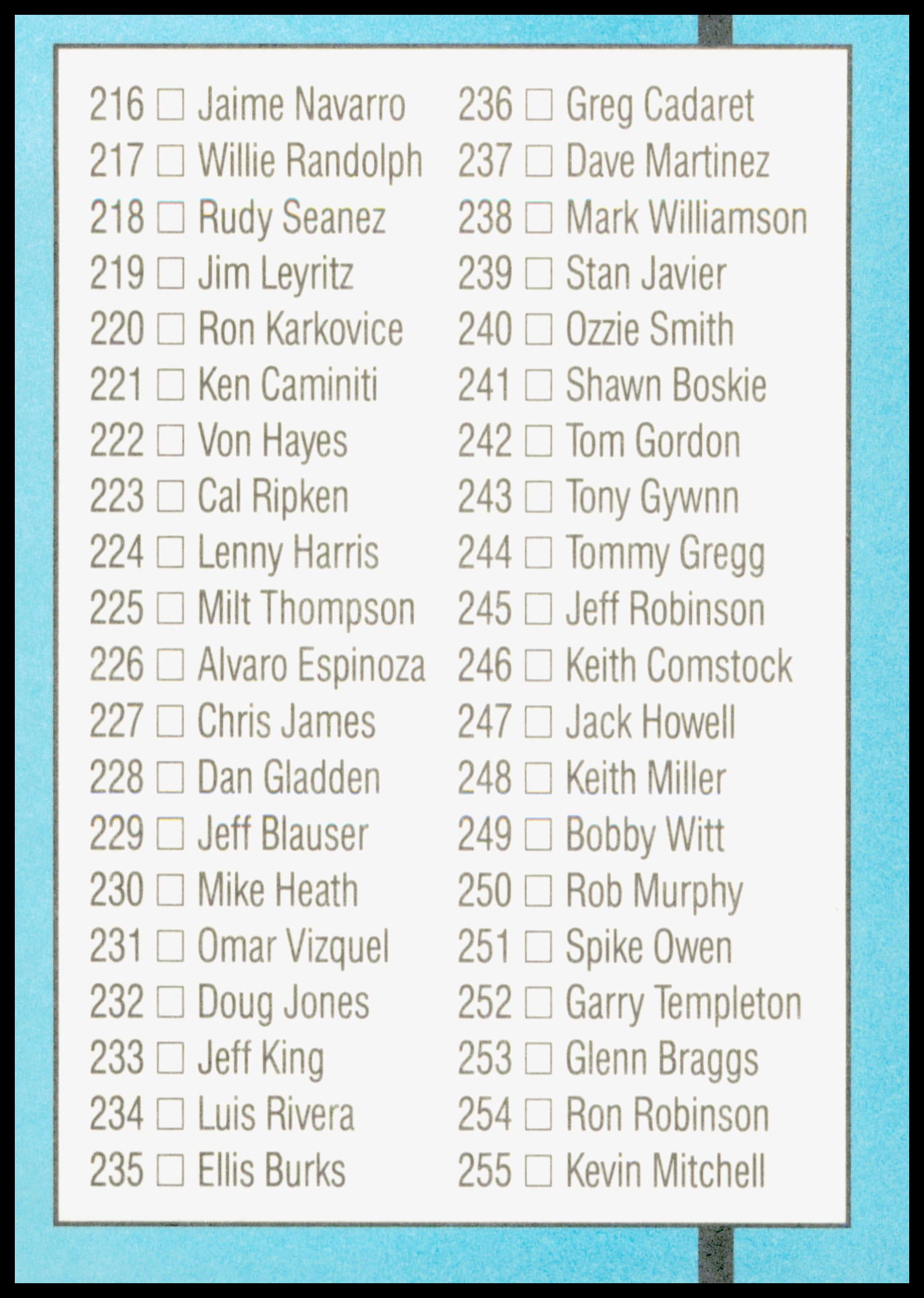 1991 Donruss Baseball Checklist #300 Cards 180-255 Ripken Brett Gwynn Smith