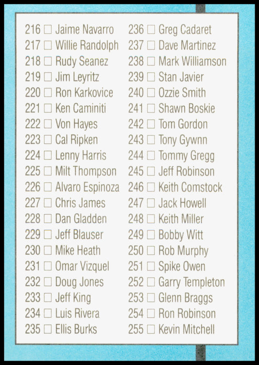1991 Donruss Baseball Checklist #300 Cards 180-255 Ripken Brett Gwynn Smith