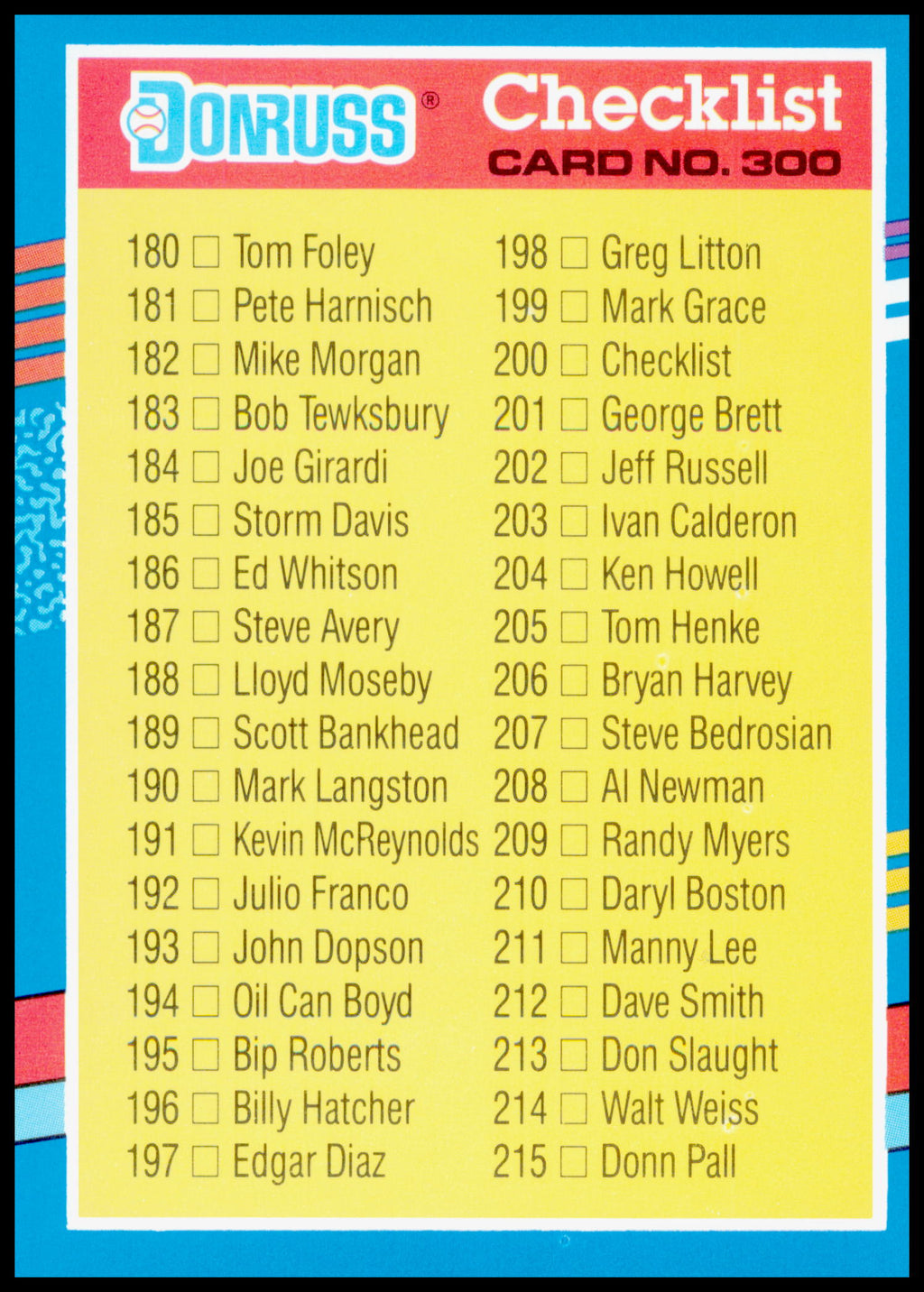 1991 Donruss Baseball Checklist #300 Cards 180-255 Ripken Brett Gwynn Smith