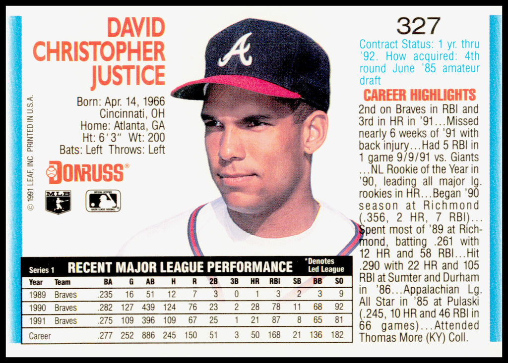 1992 Donruss Dave Justice Card