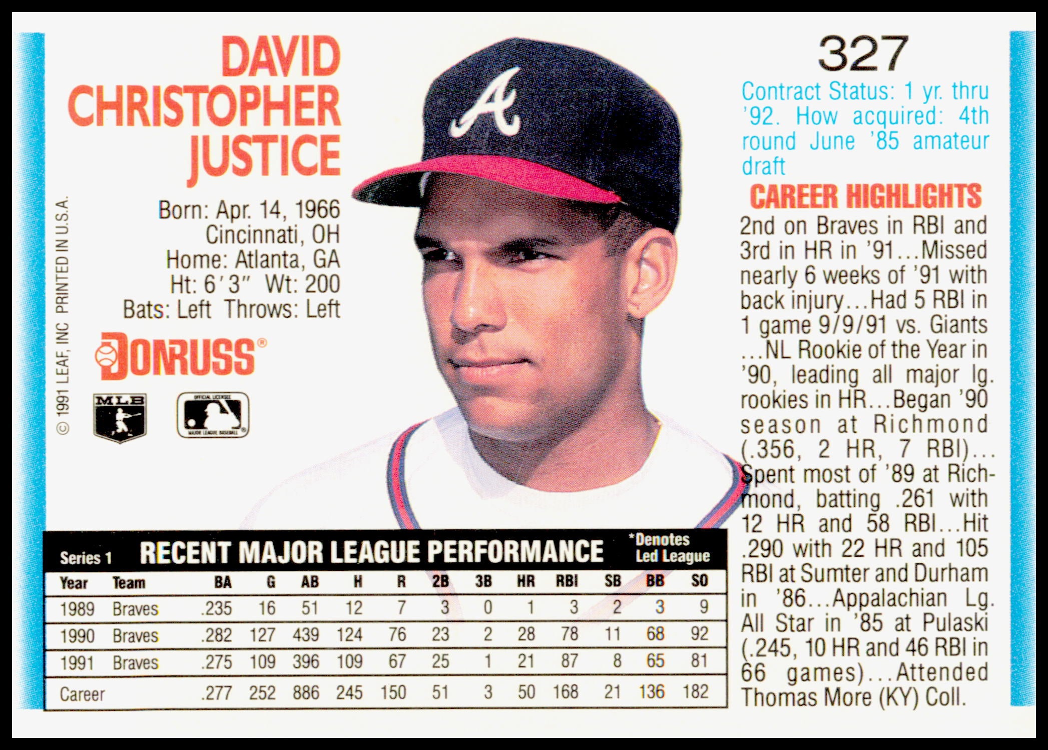 1992 Donruss Dave Justice Card