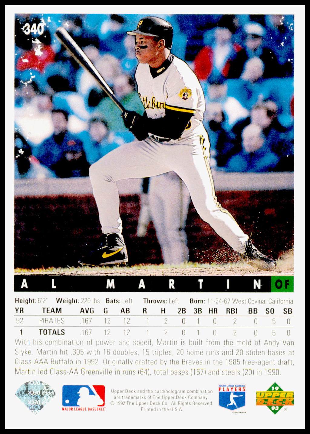 1993 Upper Deck Al Martin Card - view card back has wear or white under number
