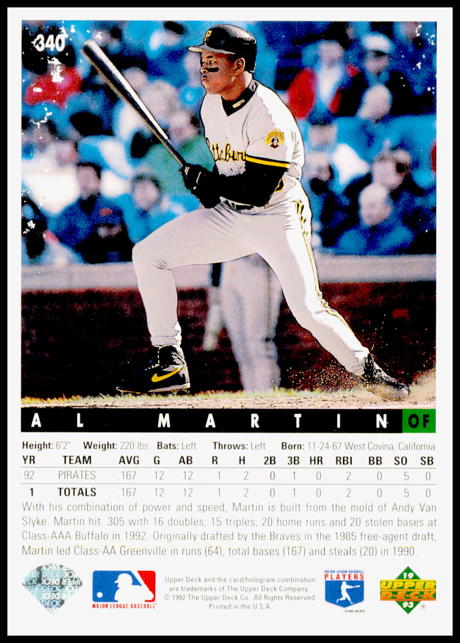 1993 Upper Deck Al Martin Card - view card back has wear or white under number