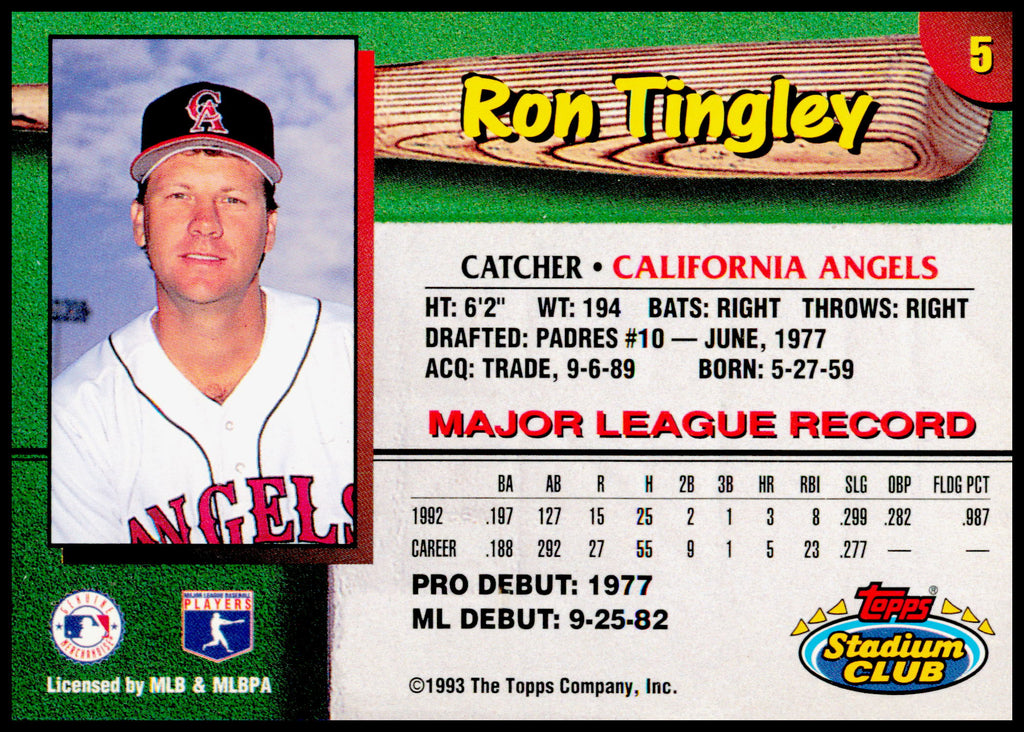 1993 Stadium Club California Angels Ron Tingley Card - wear on edges