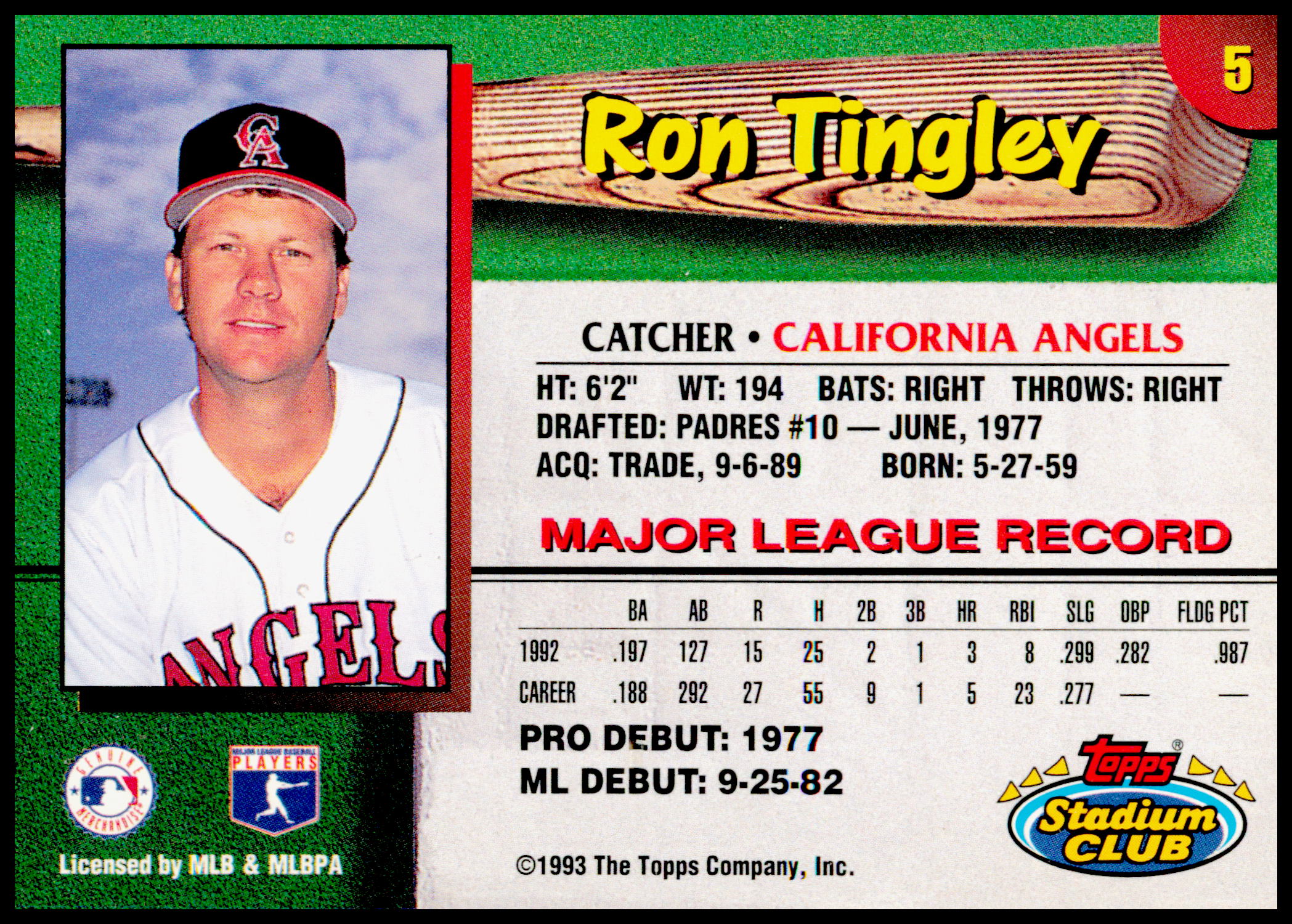 1993 Stadium Club California Angels Ron Tingley Card - wear on edges