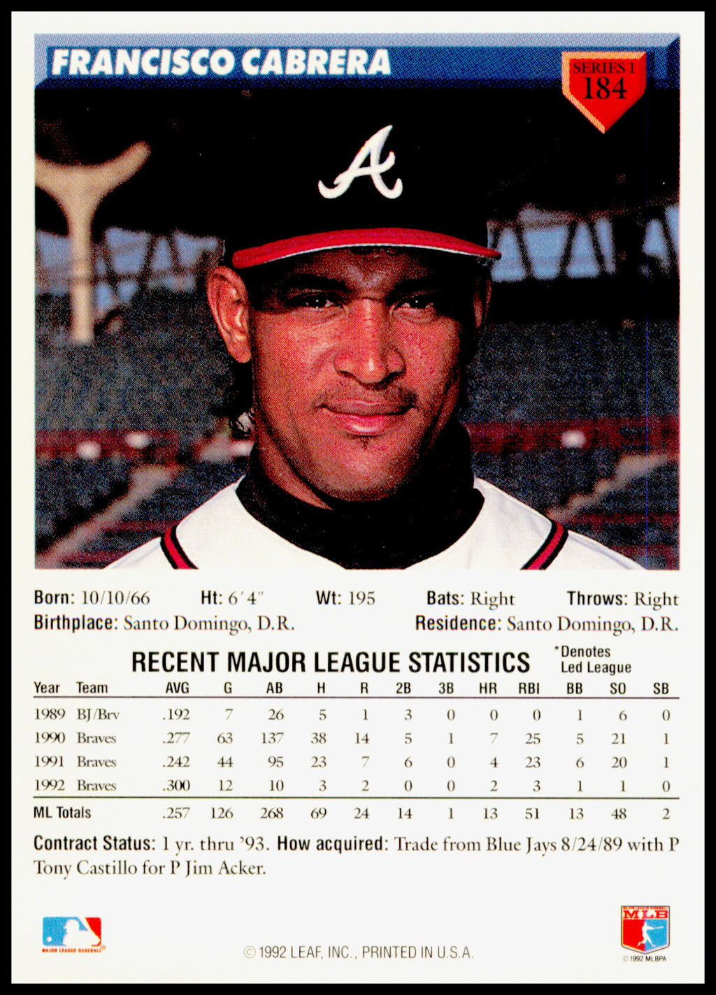 1993 Donruss Francisco Cabrera Card Atlanta Braves