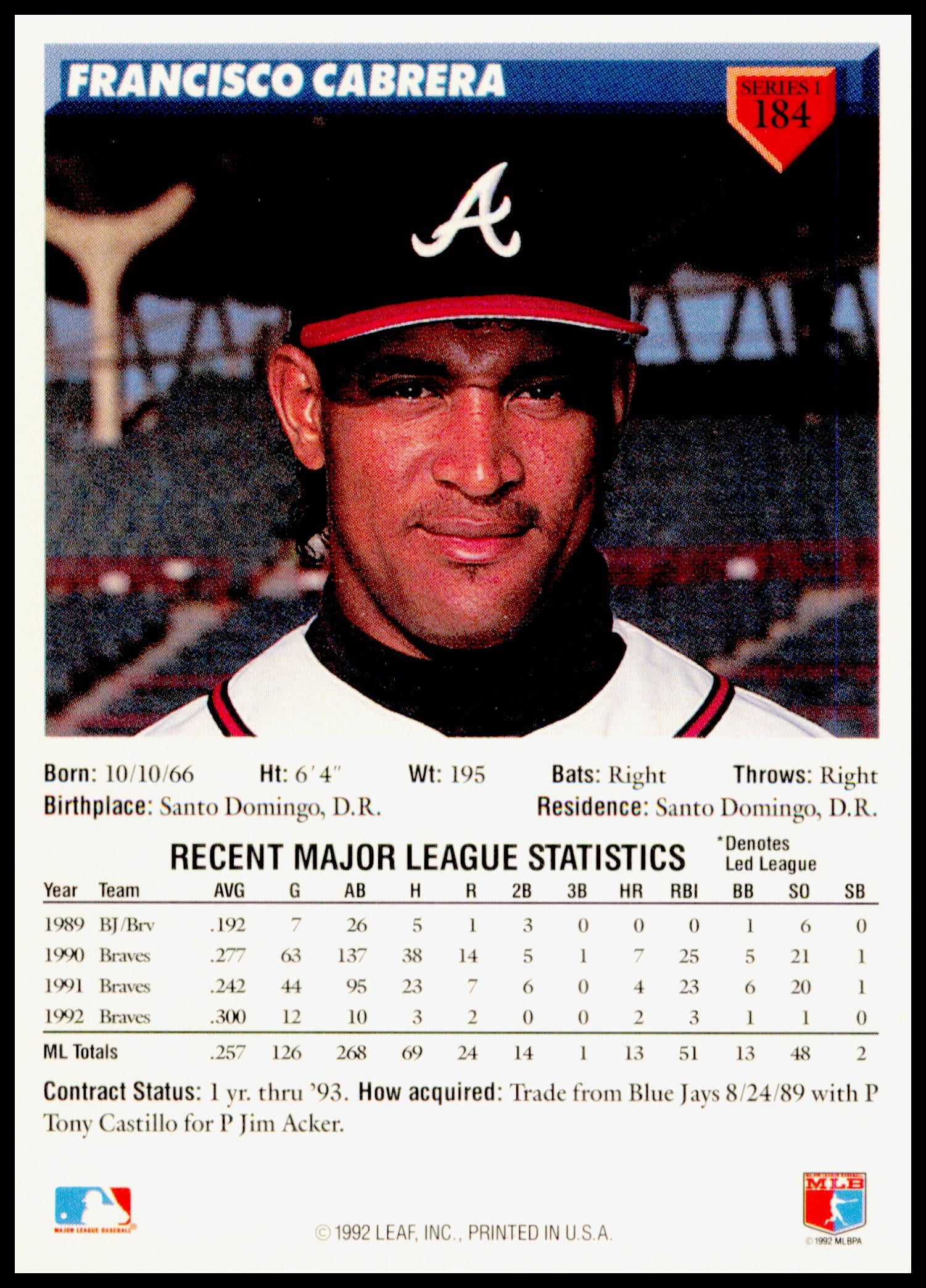 1993 Donruss Francisco Cabrera Card Atlanta Braves