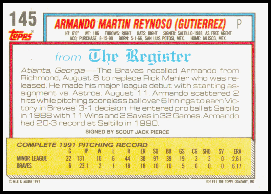 1992 Topps Major League Debut 1991 Armando Reynoso Card