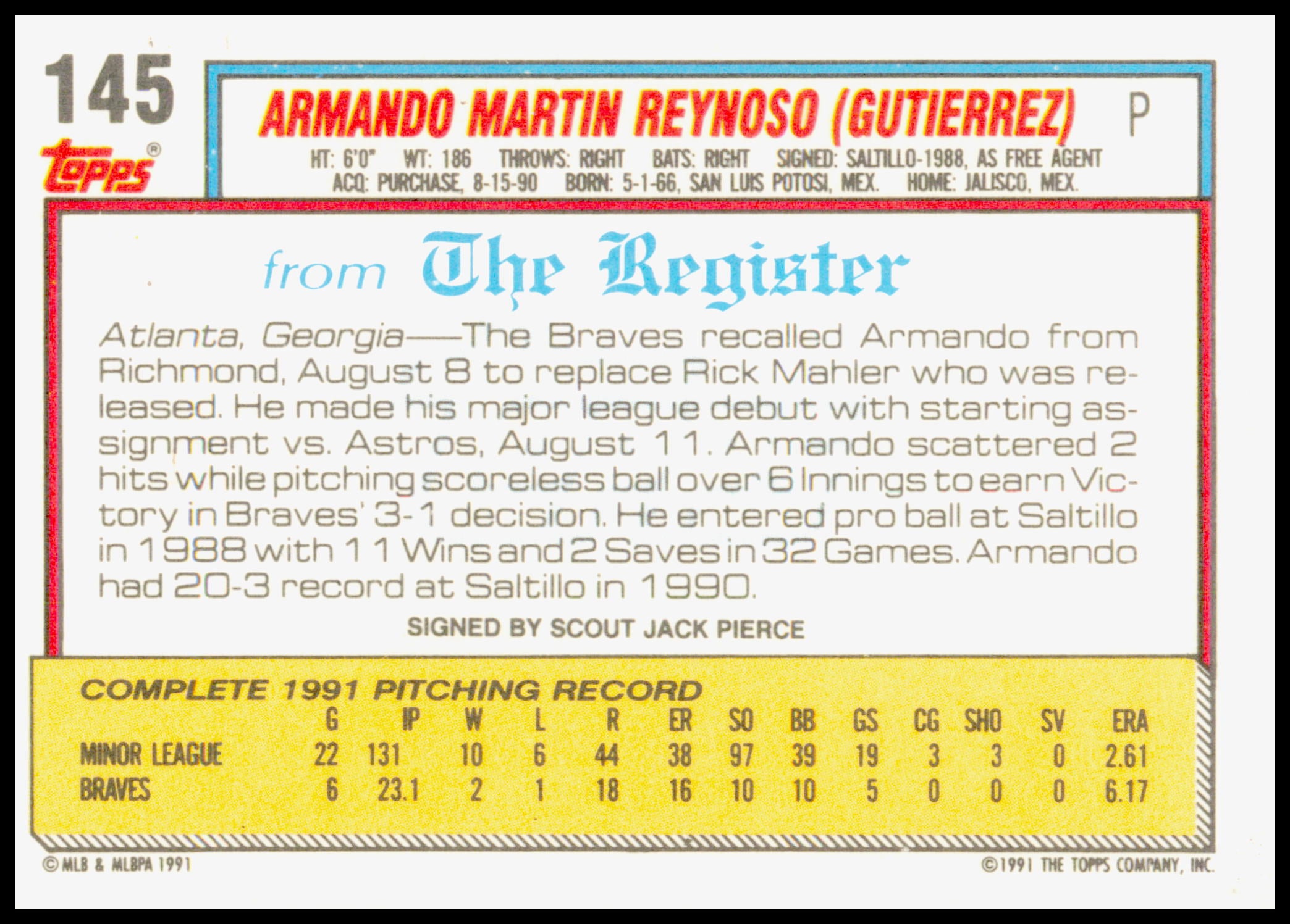 1992 Topps Major League Debut 1991 Armando Reynoso Card
