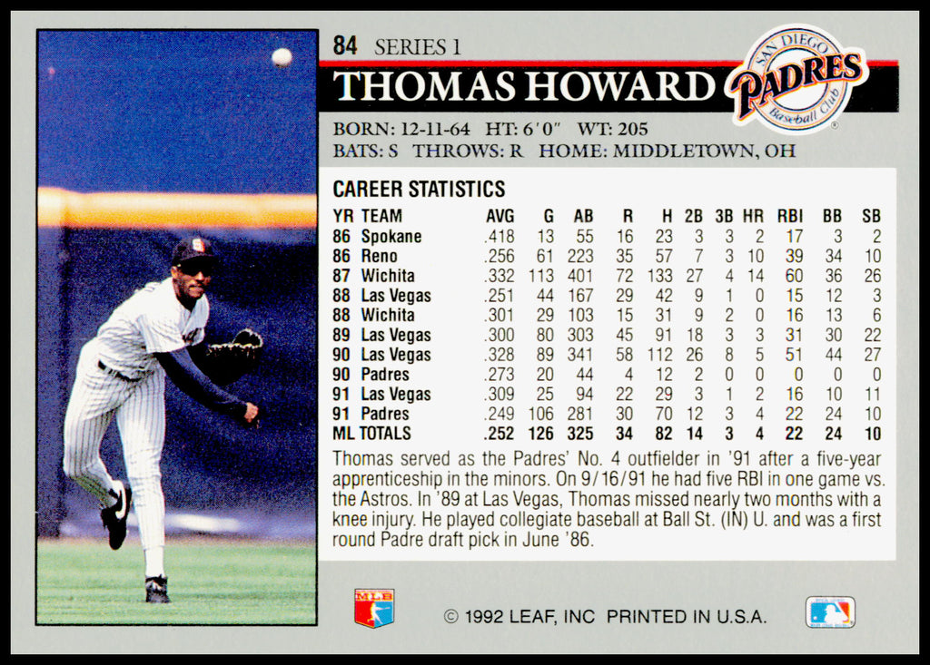 1992 Leaf Thomas Howard Card San Diego Padres