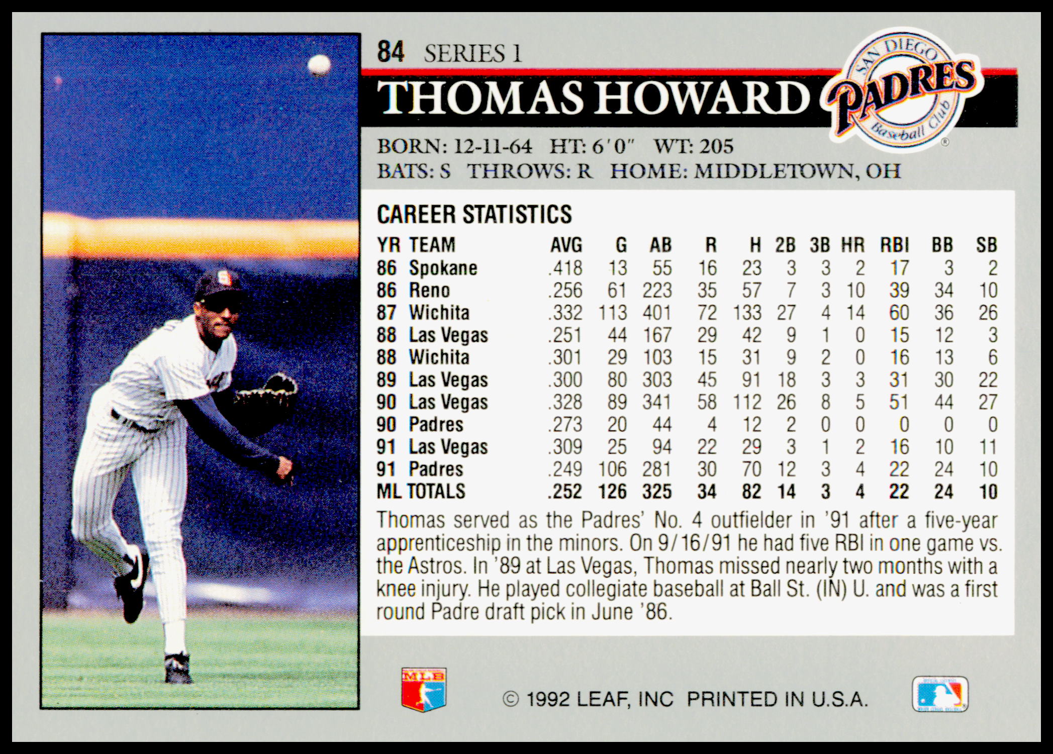 1992 Leaf Thomas Howard Card San Diego Padres