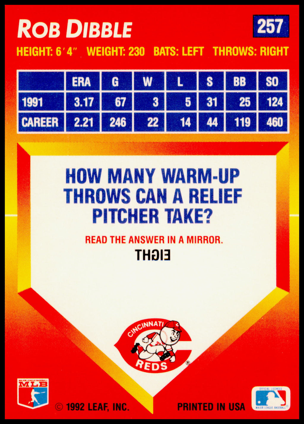 1992 Triple Play Rob Dibble Card Cincinnati Reds