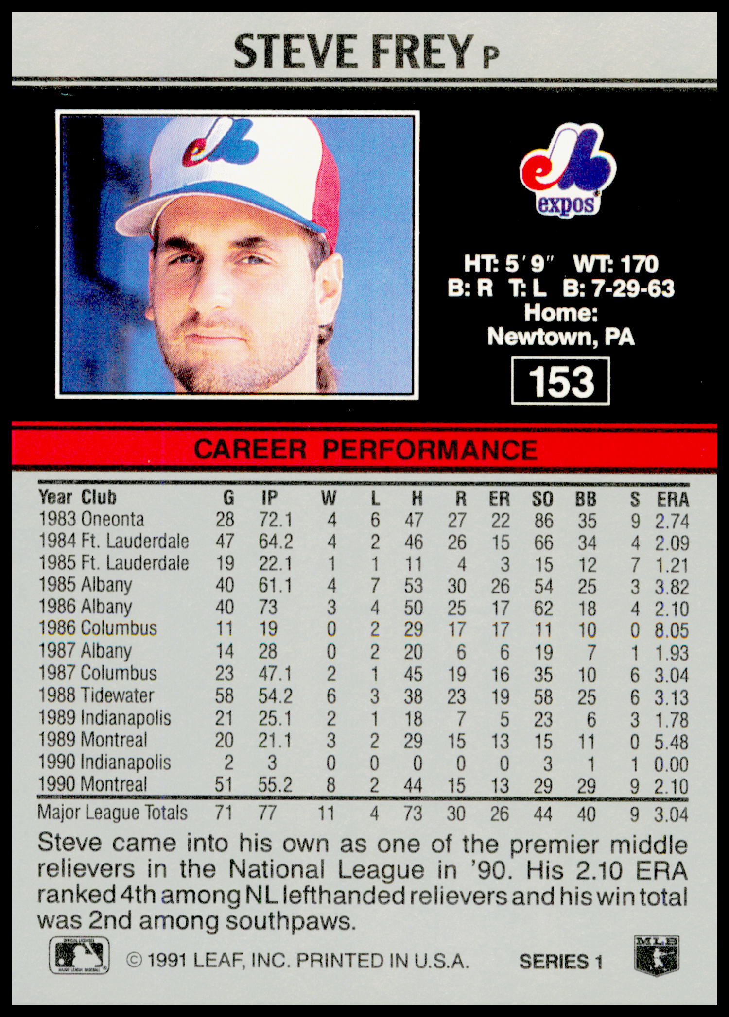 1991 Leaf Steve Frey Card Montreal Expos