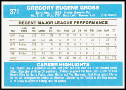 1982 Donruss Greg Gross Card Philadelphia Phillies