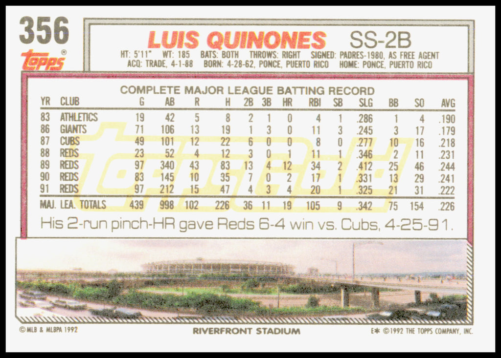 1992 Topps Gold Luis Quinones #356 Cincinnati Reds Rare Gold Foil Parallel