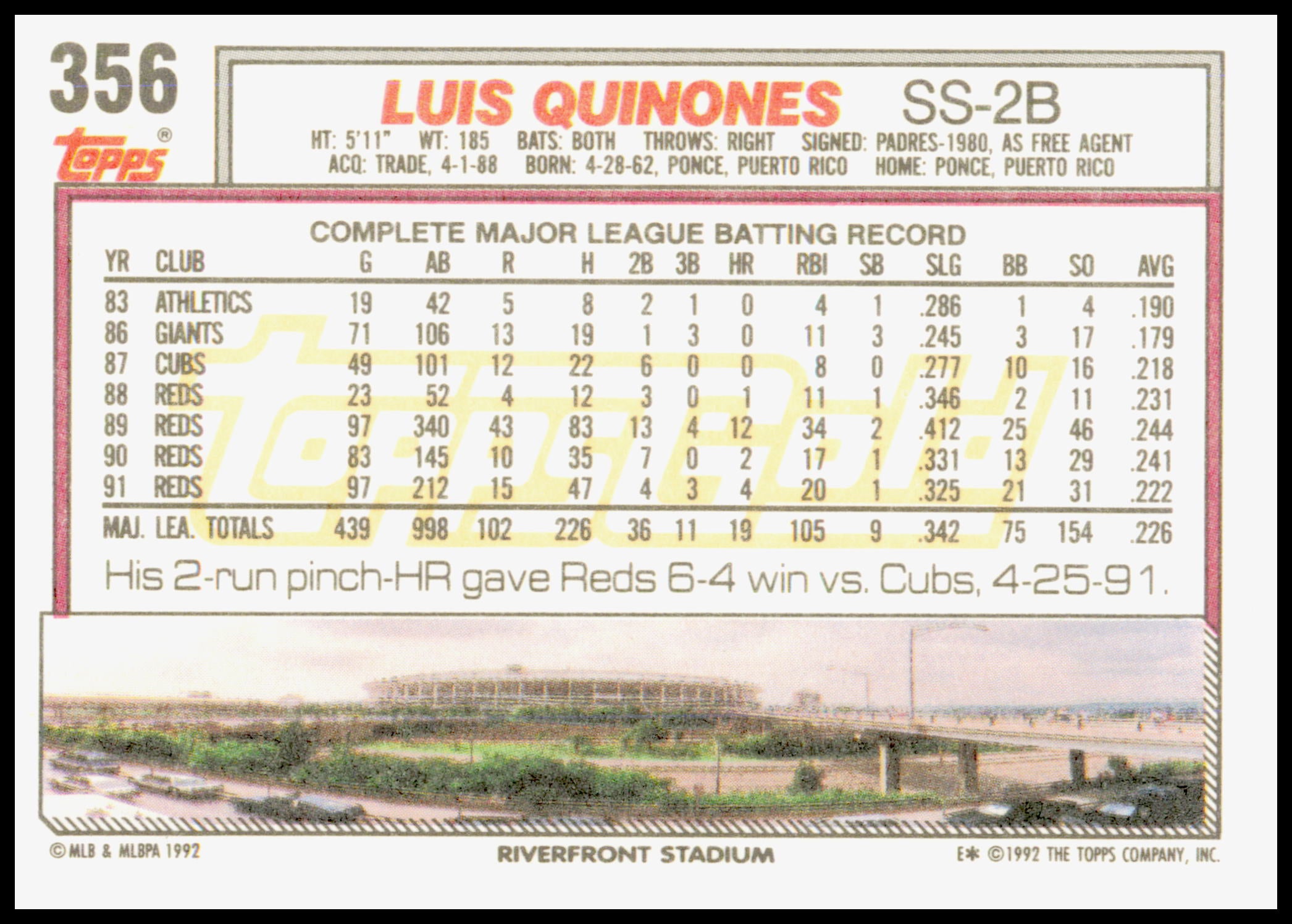 1992 Topps Gold Luis Quinones #356 Cincinnati Reds Rare Gold Foil Parallel