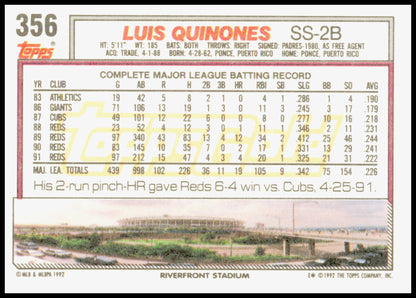 1992 Topps Gold Luis Quinones #356 Cincinnati Reds Rare Gold Foil Parallel