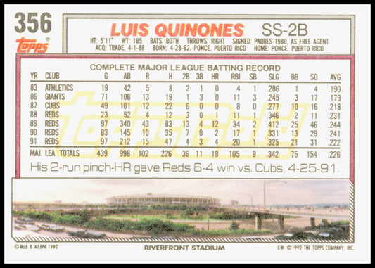 1992 Topps Gold Luis Quinones #356 Cincinnati Reds Rare Gold Foil Parallel